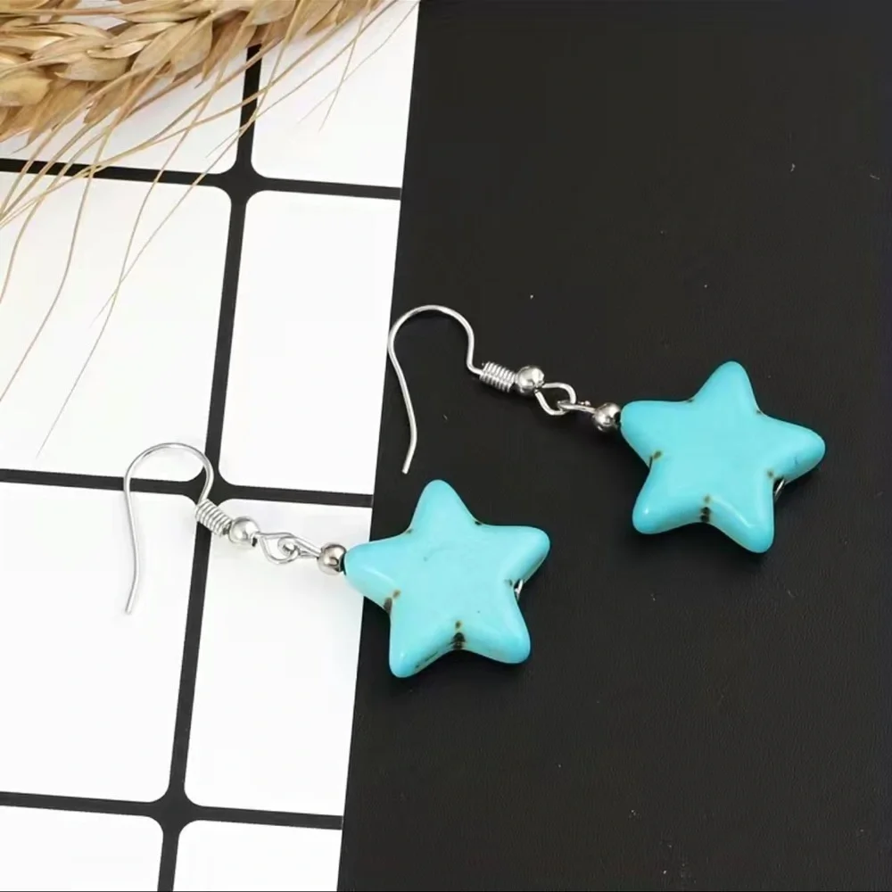 New Handmade S925 Sterling Silver Boheme Natural Turquoise Carved Star Earrings